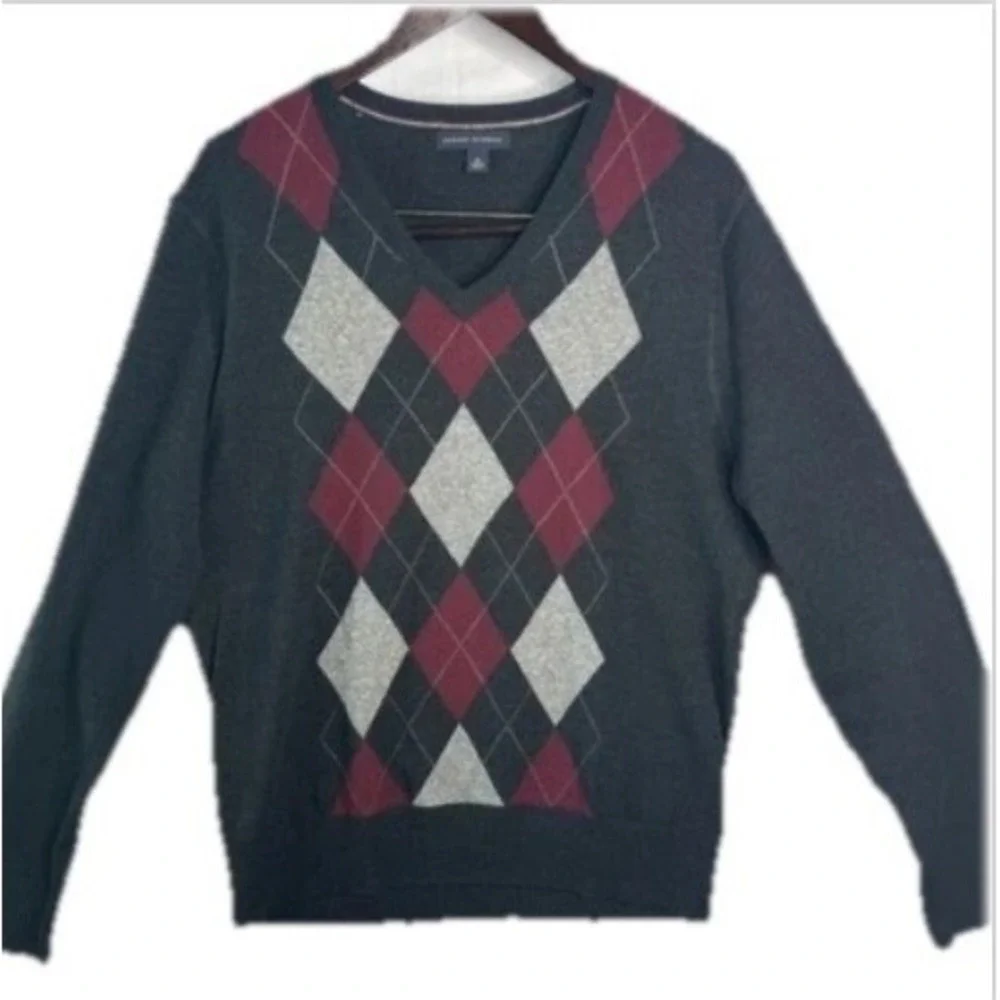 Banana Republic Sweater Black Argyle Diamond‎ 100% Merino Wool V Neck Preppy M